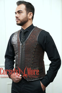 Brown Brocade With Leather Authentic Steel Boned Steampunk Vest Costume Men's Corset