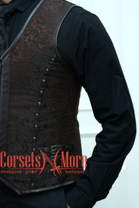 Brown Brocade With Leather Authentic Steel Boned Steampunk Vest Costume Men's Corset