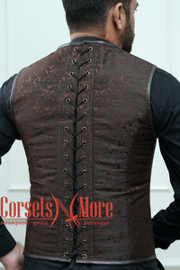 Brown Brocade With Leather Authentic Steel Boned Steampunk Vest Costume Men's Corset