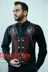 Red And Black Brocade With Leather Authentic Steel Boned Steampunk Vest Costume Men's Corset