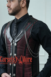 Red And Black Brocade With Leather Authentic Steel Boned Steampunk Vest Costume Men's Corset