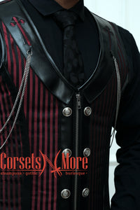 Red And Black Brocade With Leather Authentic Steel Boned Steampunk Vest Costume Men's Corset