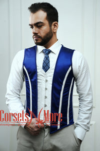 Royal Satin Blue And White Brocade Authentic Steel Boned Men's Corset Vest