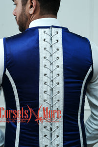 Royal Satin Blue And White Brocade Authentic Steel Boned Men's Corset Vest