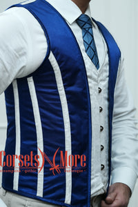 Royal Satin Blue And White Brocade Authentic Steel Boned Men's Corset Vest