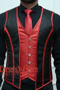 Royal Satin Red And Black Brocade Authentic Steel Boned Men's Corset Vest