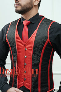 Royal Satin Red And Black Brocade Authentic Steel Boned Men's Corset Vest