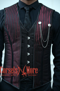 Red Brocade With Satin Authentic Steel Boned Steampunk Vest Costume Men's Corset