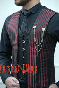 Red Brocade With Satin Authentic Steel Boned Steampunk Vest Costume Men's Corset