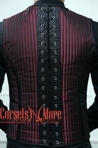 Red Brocade With Satin Authentic Steel Boned Steampunk Vest Costume Men's Corset