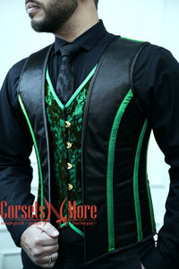 Royal Satin Green And Black Authentic Steel Boned Men's Corset Vest