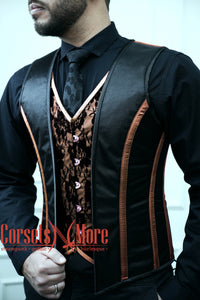 Royal Satin Black And Brown Authentic Steel Boned Men's Corset Vest