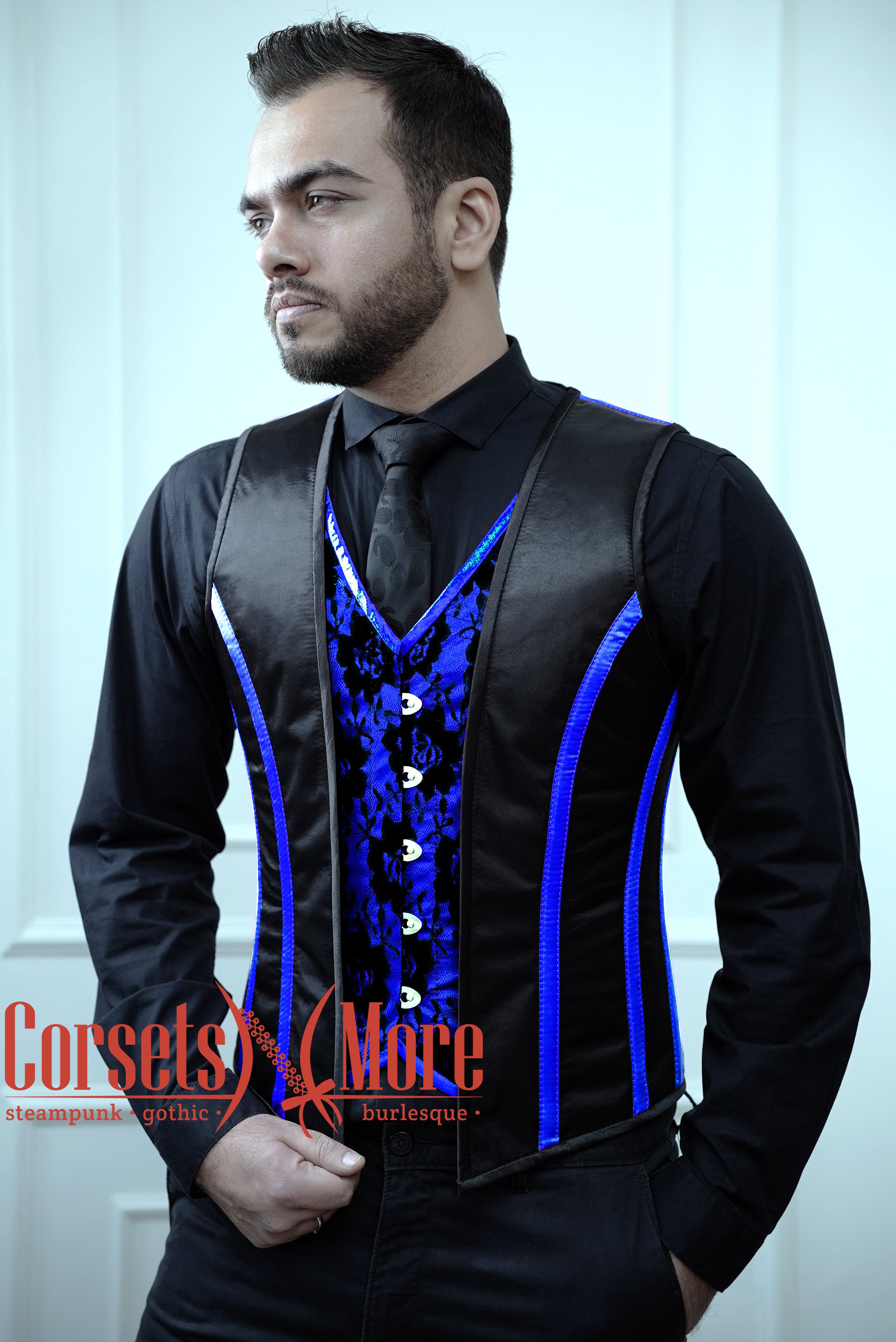 Royal Satin Blue And Black Authentic Steel Boned Men's Corset Vest 8XL