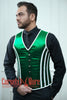 Steel Boned Corset Vest: Royal Satin, Green & White Piping