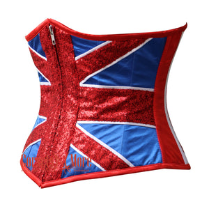 Red Blue Satin Sequins UK Flag Zipper Burlesque Gothic Underbust Corset