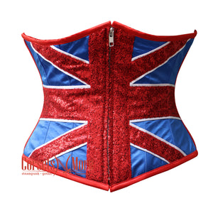 Red Blue Satin Sequins UK Flag Zipper Burlesque Gothic Underbust Corset