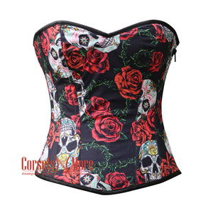 Plus Size Printed Flower And Skull Satin Gothic Corset Halloween Costume