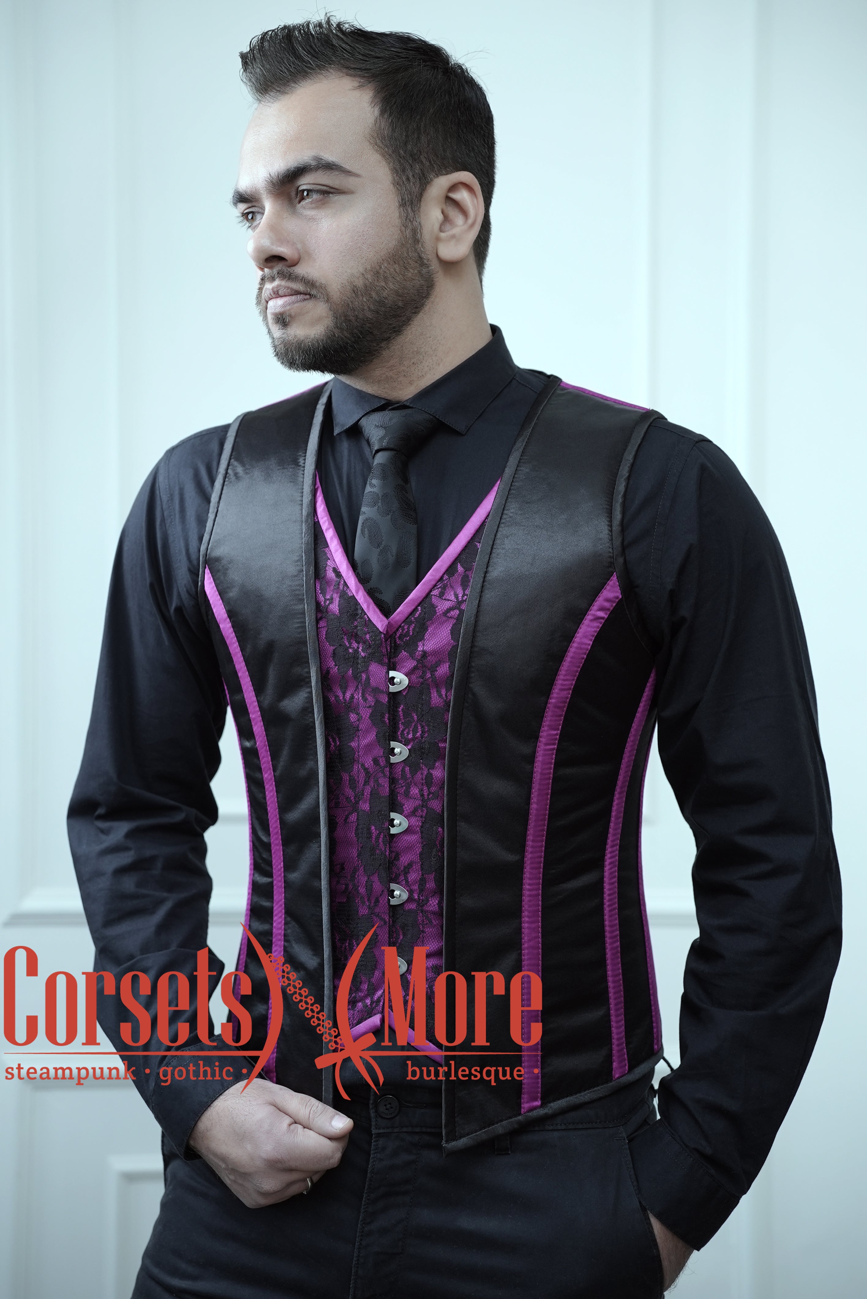 Royal Satin Purple And Black Authentic Steel Boned Men's Corset Vest 3XS