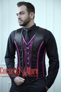 Royal Satin Purple And Black Authentic Steel Boned Men's Corset Vest