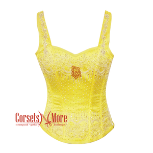 Yellow Satin With Sequins Work Burlesque Corset With Shoulder Strap