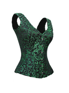 Plus Size Green Black Brocade Shoulder Strap Overbust Corset Waist Training Burlesque Mardi Gras Costume
