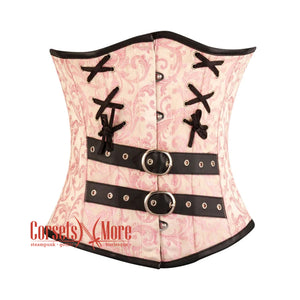 Pink Brocade With Leather Belts Steampunk Costume Waist Cincher Basque Underbust Corset