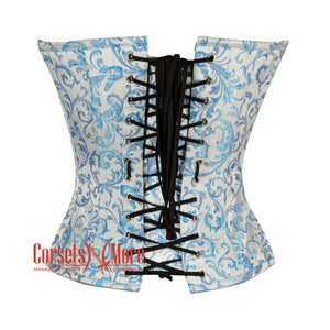 Plus Size Blue And White Brocade Front Zipper Gothic Overbust Corset Bustier Waist Cincher