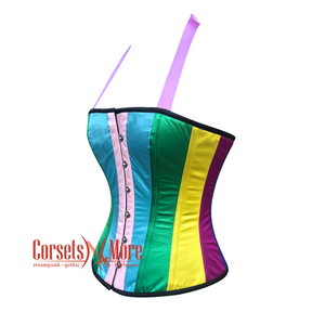 Plus Size Multi-Color Satin Stripes Overbust Corset Pride Costume Rainbow Top