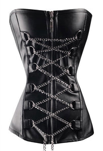 Black Leather Laced Chain Buckles Gothic Overbust Corset Waist Training - CorsetsNmore