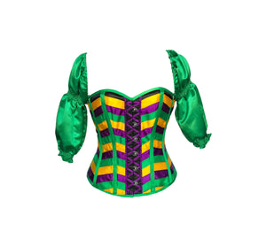Plus Size Green Purple and Yellow Striped Satin Mardi Gras Costume Corset With Puff Sleeves