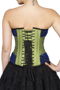 Green Silk Sequins Handmade Overbust Plus Size Corset Satin Net Skirt Dress - CorsetsNmore