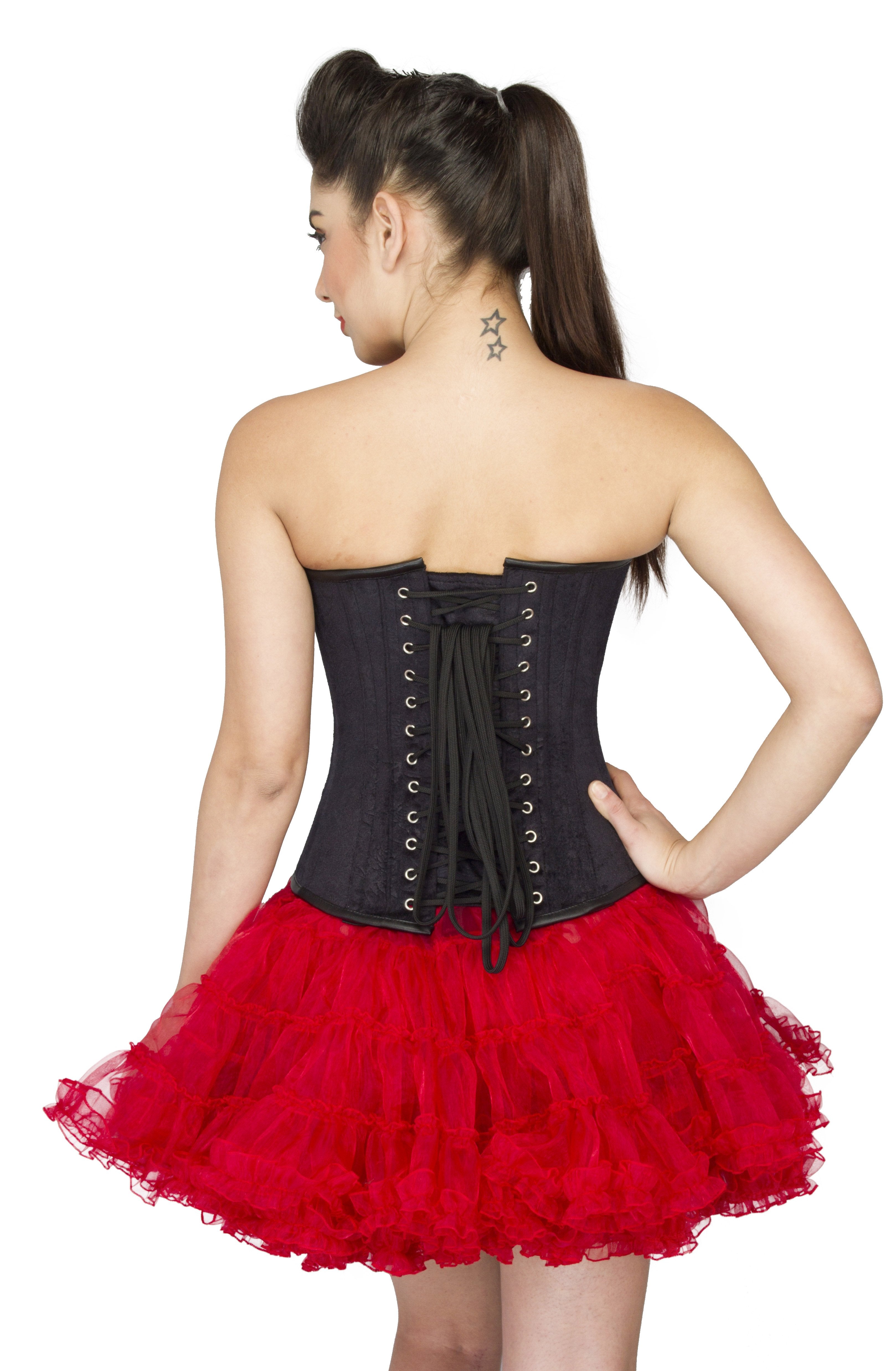 Plus Size Black Leather Overbust Corset with Red Tutu Skirt CorsetsNmore Plus Size Black Leather Overbust Corset with Red Tutu Skirt CorsetsNmore