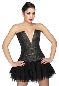 Black Faux Leather Overbust Plus Size Corset Satin Net Tutu Skirt Dress - CorsetsNmore