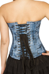 Blue Denim Print Faux Leather Plus Size Overbust Corset Satin Net Tutu Skirt Dress - CorsetsNmore
