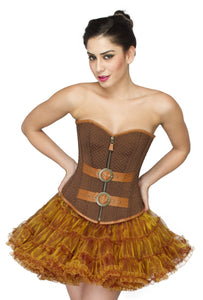 Brown Cotton Brocade with Leather Belts Overbust Plus Size Corset Poly Tissue Tutu Skirt Dress - CorsetsNmore