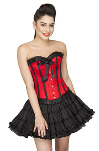 Red Satin Black Frill Overbust Plus Size Corset Cotton Silk Tutu Skirt - CorsetsNmore