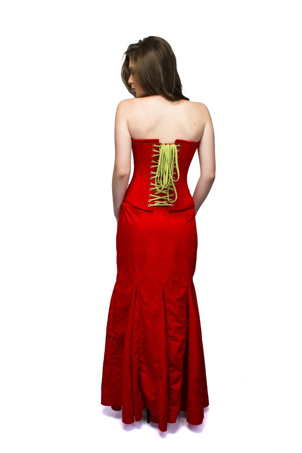 Red Velvet Embroidery Overbust Plus Size Corset & Long Skirt Women Dress
