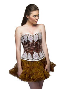 Brown Satin White Sequins Overbust Plus Size Corset Top & Tissue Skirt - CorsetsNmore