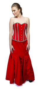 Red Velvet Check Stripes Overbust Plus Size Corset & Long Skirt Dress - CorsetsNmore