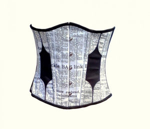 Cotton Black And White Newspaper Print Underbust Plus Size Corset Top - CorsetsNmore