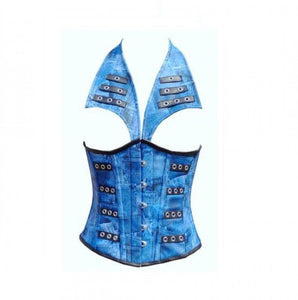 Blue Denim Print Leather with Collar Style Plus Size Corset Underbust Waist Training Top - CorsetsNmore