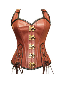 Brown Real Leather Lacing Design Overbust Corset Waist Training Top