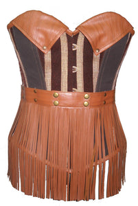 Brown Leather Cotton Overbust Plus Size Corset Steampunk Fashion Costume - CorsetsNmore