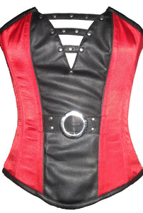 Red And Black Satin Leather Work Overbust Plus Size Corset Waist Training Bustier - CorsetsNmore