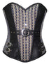 Printed Cotton Black Leather Work Waist Training Bustier Overbust Corset Costume