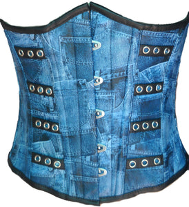 Plus Size Blue Denim Print Faux Leather Underbust Corset - CorsetsNmore