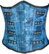 Blue Denim Print Faux Leather Waist Cincher Front Open Busk Underbust Women Corset Costume