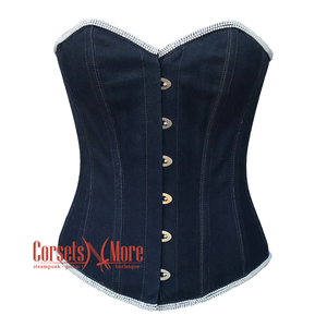 Blue Denim White Perl Piping Burlesque Gothic Overbust Corset Top