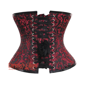 Red And Black Brocade Front Lace Waist Training Steampunk Costume Underbust Corset