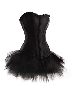 Black Satin Overbust Plus Size Corset With Tutu Skirt Burlesque Costume - CorsetsNmore